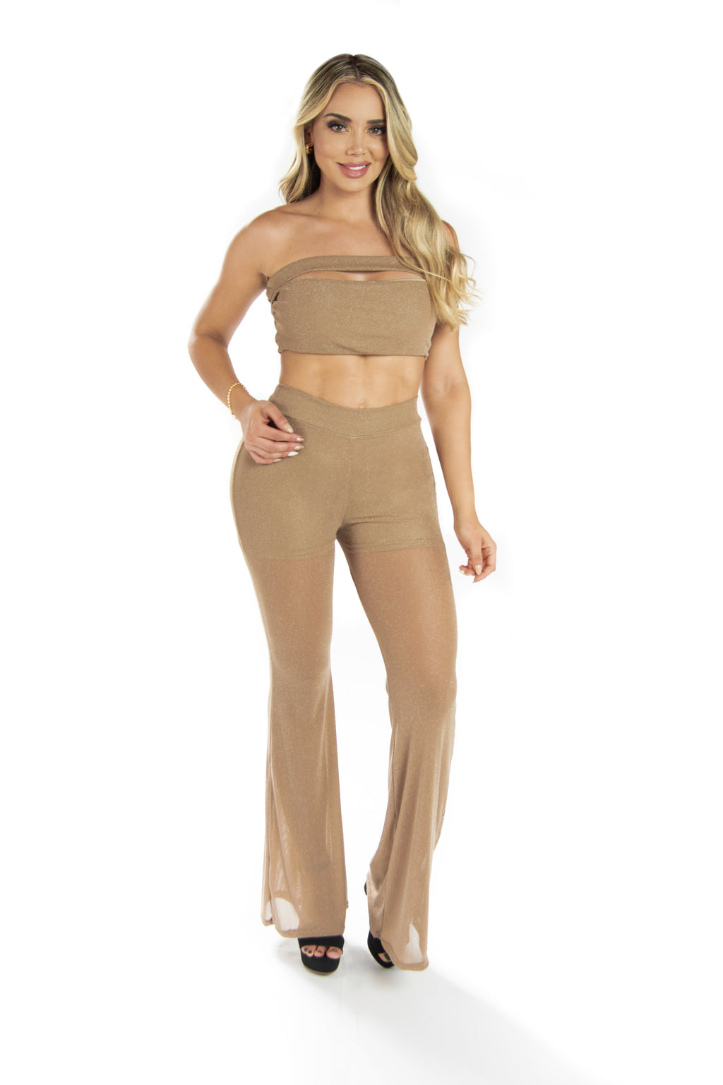 Set Pantalón y Top Transparencia - Brillos (Camel)