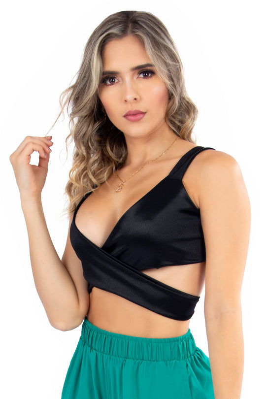 Crop Top Cruzado Negro Brillo